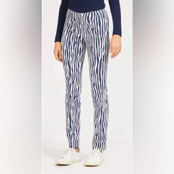 - J.McLaughlin Size 2 Masie Slim Straight Pants In Amelia Cloth Navy With White - Picture 1 of 11